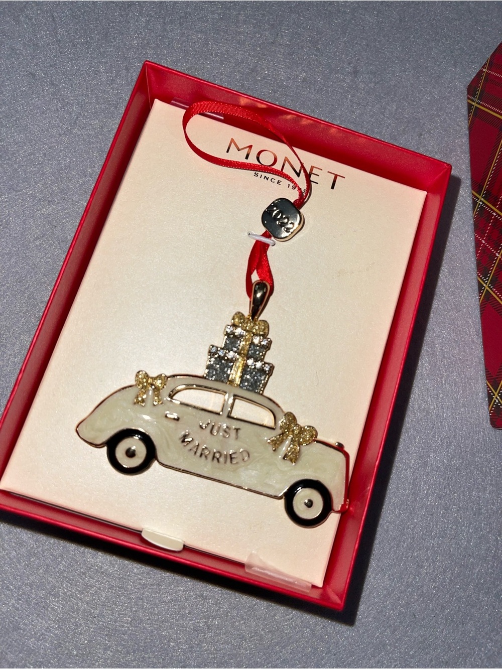 Monet White and Gold 'Just Married' Car Ornament with Red Ribbon